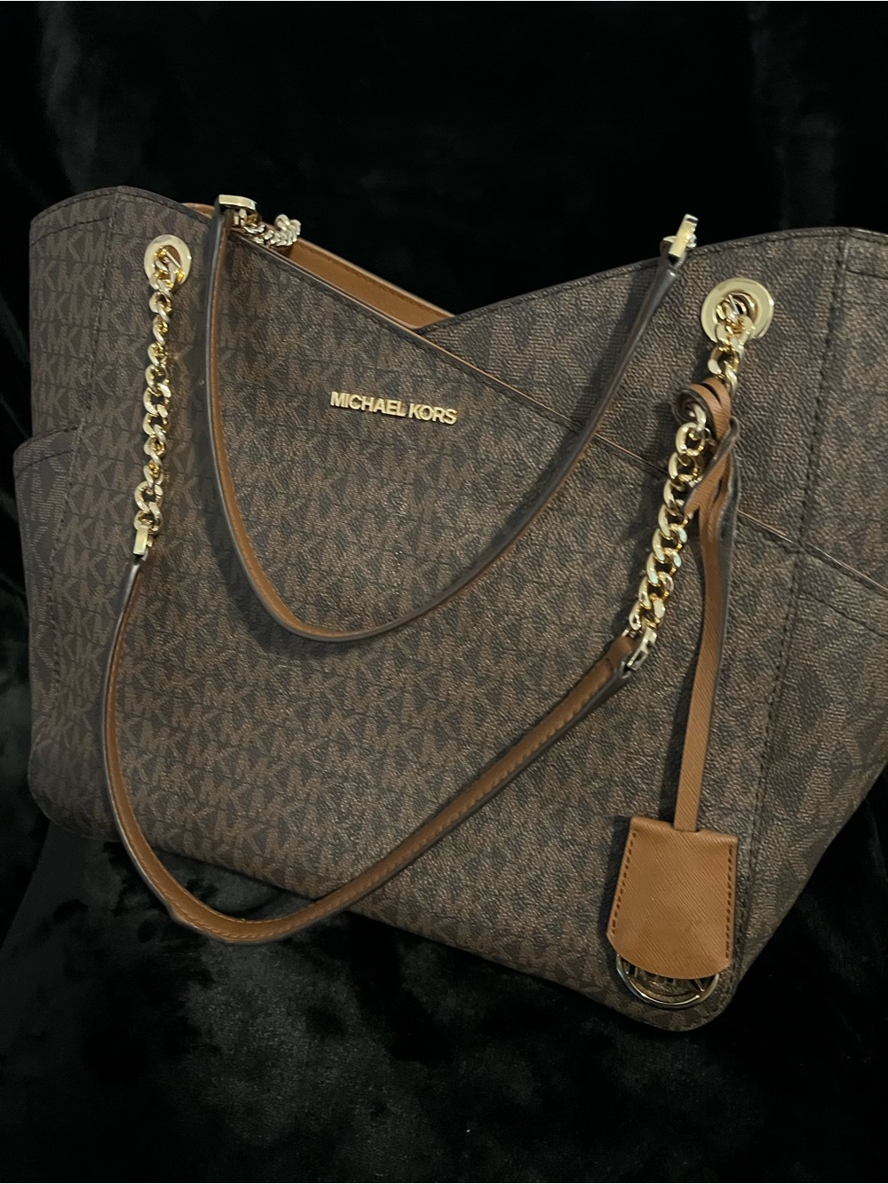 Michael Kors Brown MK Monogram Tote with Gold Chain Straps